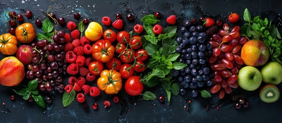 A colorful selection of various fruits and vegetables neatly arranged in a straight line.