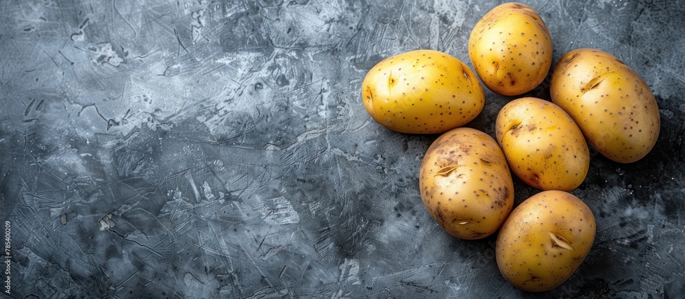 Aufkleber a stack of potatoes neatly arranged on top of a table against a concrete background.