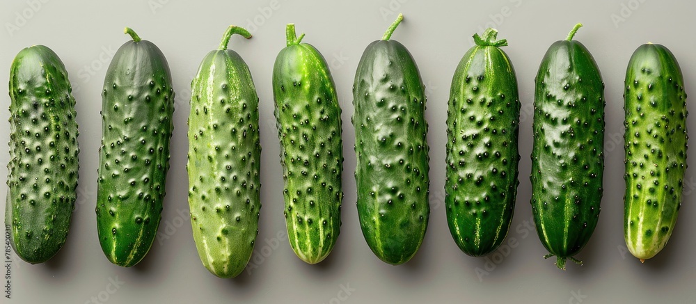 Poster a group of fresh green cucumbers lined up in a row.