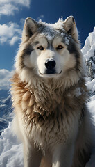 Beautiful alaskan malamute in the mountains in winter