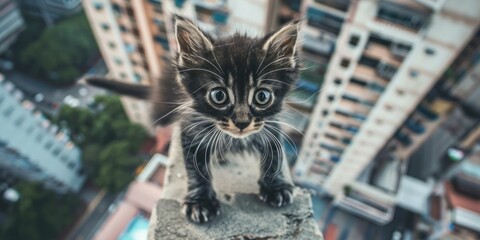 Black and white kitten standing on ledge with city buildings in background captured in monochrome perspective view