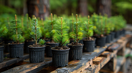 Young pine seedlings growing in black pots arranged on a wooden rack in a nursery, with a blurred forest background.