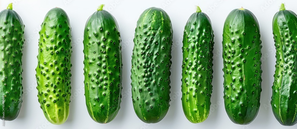 Poster fresh green cucumbers are neatly arranged in a row on a clean white surface, showcasing their vibran