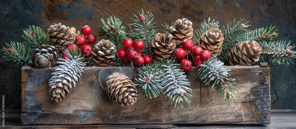 Poster several pine cones arranged on top of a wooden box in a rustic setting.