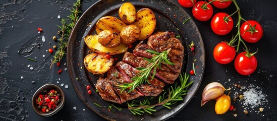 Obraz na płótnie Canvas A succulent steak accompanied by roasted potatoes and fresh tomatoes, served on a black plate.