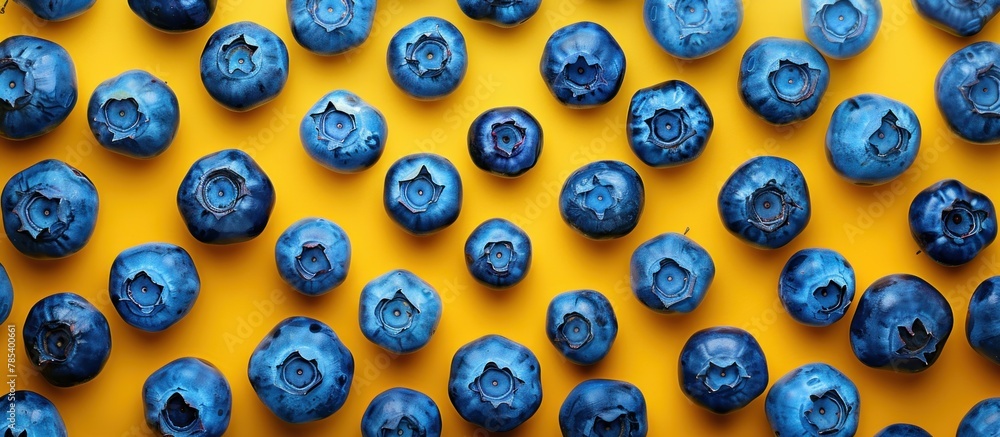 Poster ripe blueberries are neatly arranged in a circular pattern on a vibrant yellow surface, creating a v