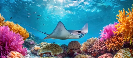 A manta ray gracefully glides over a vibrant coral reef in the underwater world.
