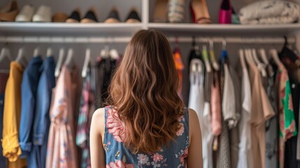 Woman in her closet wardrobe room, trying to decide what to wear and searching clothes