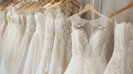 Luxury white bridal gowns on hangers in boutique salon, creating a dreamy ambiance