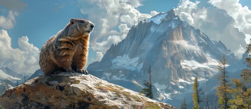 A painting depicting a groundhog perched on a rock in the mountainous terrain.
