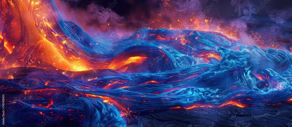 Poster a painting showcasing the fiery intensity of molten lava flowing into the ocean, creating a dynamic 