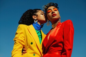 Two vibrant women standing together in front of a clear blue sky, wearing brightly colored outfits