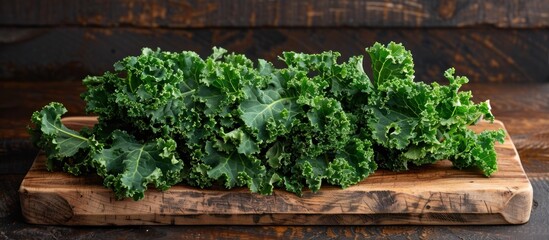 A bunch of healthy kale leaves neatly arranged on a wooden cutting board.