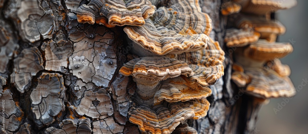 Poster cluster of mushrooms sprouting from the bark of a tree trunk in a forest setting.