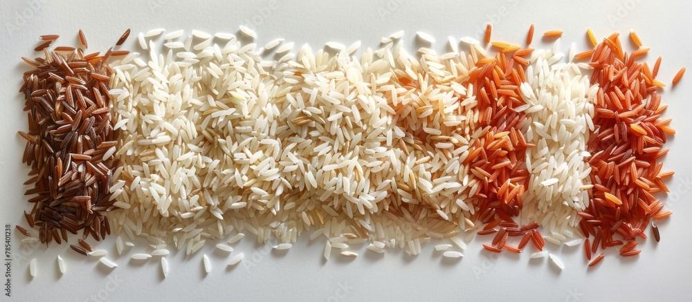 Aufkleber a pile of mixed rice grains resting on top of a white table, creating a neat and simple arrangement.
