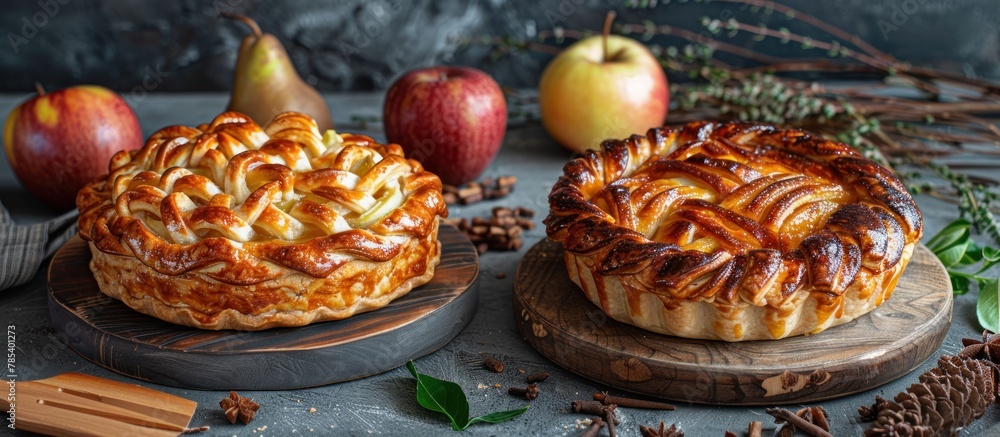 Poster two delicious apple and pear pies resting on a wooden table in a rustic setting.