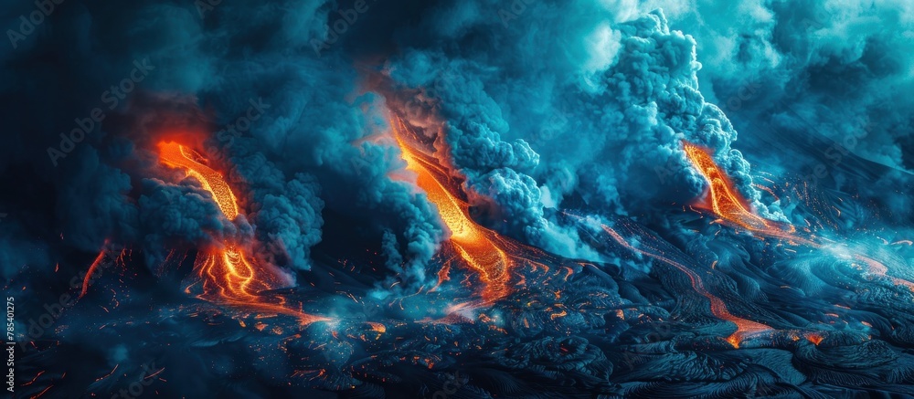 Poster a vast quantity of lava spewing high into the air, creating a dramatic and powerful sight.