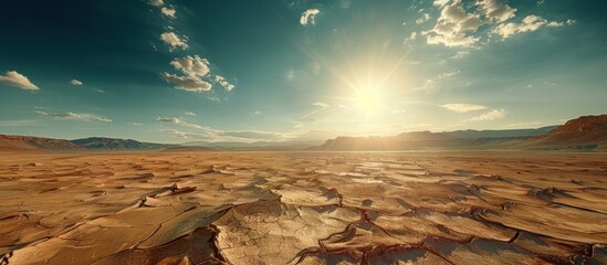 The sun shines brightly over a vast barren desert landscape, showcasing the harsh beauty of nature. - obrazy, fototapety, plakaty