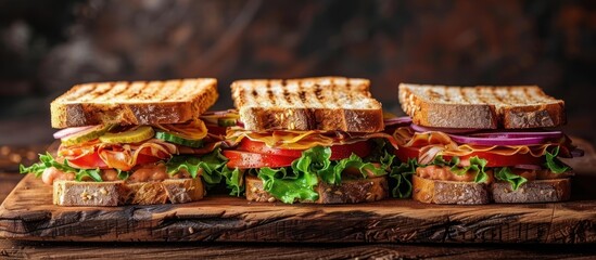 A wooden cutting board featuring three halved sandwiches neatly arranged on top. - obrazy, fototapety, plakaty