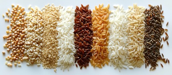 Various types of rice grains, including basmati, jasmine, arborio, and wild rice, are scattered on a clean white surface.