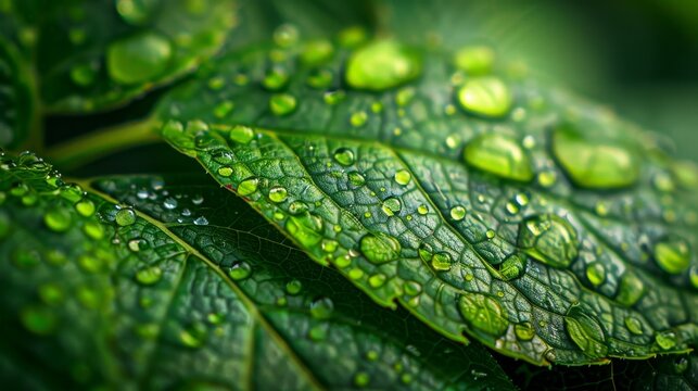 Close-up Leaves: A photo showing the delicate tracery of veins on a leaf, with tiny water droplets