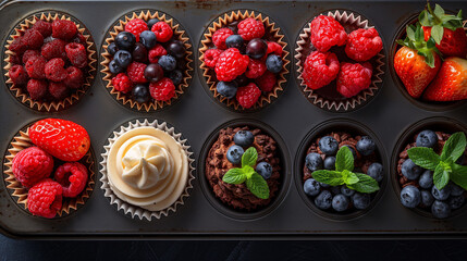 Assorted fresh berries in muffin cups, including raspberries, blueberries, and strawberries, arranged neatly on a dark tray.