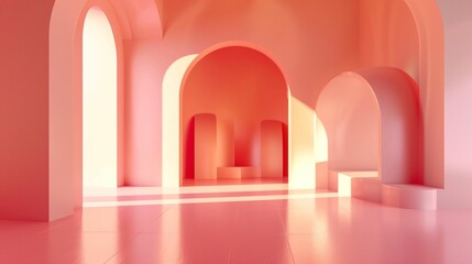 Geometry Unveiled: A Captivating 3D Rendering of an Empty Room, Where Geometrical Wonders Dance in Soft Coral Light, Elevating Modern Design with Serenity and Sophistication 