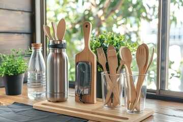 Wooden kitchen utensils arranged neatly on a wooden tray with a glass and bottle of water on the side