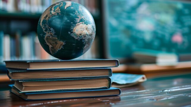 Education and Learning: A photo of a globe and a stack of geography textbooks