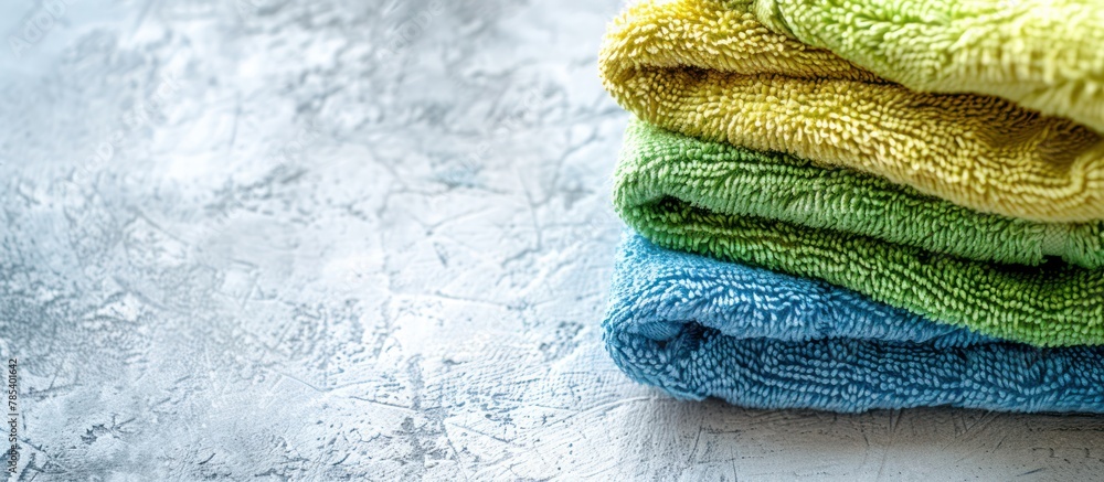 Poster a stack of green and blue handled washcloths neatly arranged on top of a table, ready for use or dis