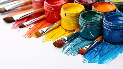 Colorful open paint cans with brushes dipped in paint, arranged on a white background, representing artistic creativity. - obrazy, fototapety, plakaty