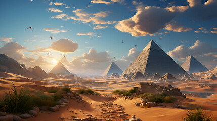 pyramids in the desert. 3d render illustration. - obrazy, fototapety, plakaty