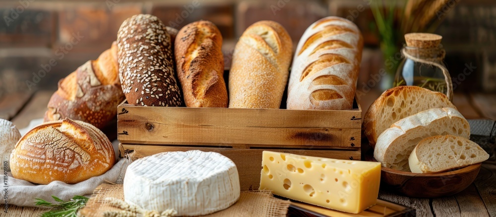 Poster various types of bread and cheese arranged on a wooden table, creating a display of culinary delight