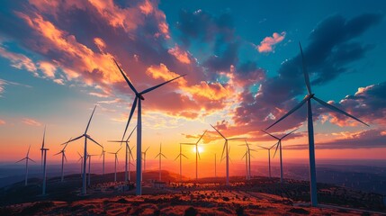 Environmental Conservation: A photo of a wind farm against a sunset sky - obrazy, fototapety, plakaty