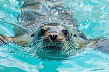 Fototapeta premium Antarctic seal gracefully swimming near a sea lion resting on the icy surface in antarctica