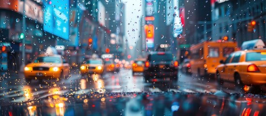 A busy city street filled with traffic during a rainy day, showcasing the hustle and bustle of urban life amidst wet weather conditions.