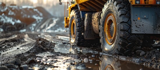 A yellow dump truck is driving down a muddy road, leaving tracks in the mud as it moves forward. - obrazy, fototapety, plakaty