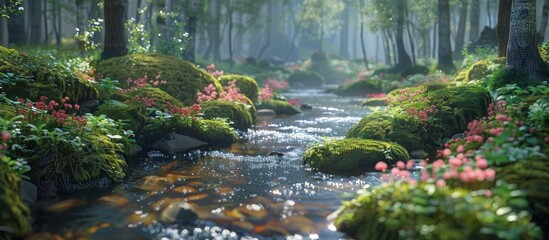 A stream flows through a dense, green forest. The trees are verdant, and the water glistens under the sunlight filtering through the leaves. - obrazy, fototapety, plakaty