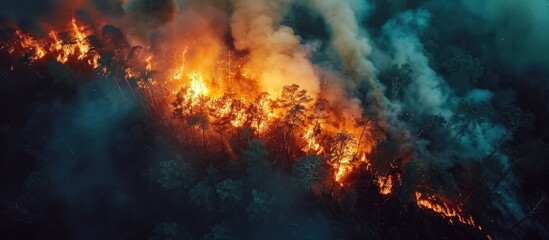An aerial perspective capturing a forest fire with raging flames spreading across the landscape. - obrazy, fototapety, plakaty