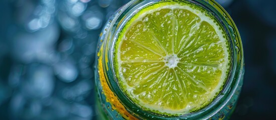 A clear glass filled with water and adorned with a single vibrant lime slice. The citrus fruit adds a splash of color and flavor to the refreshing drink. - Powered by Adobe