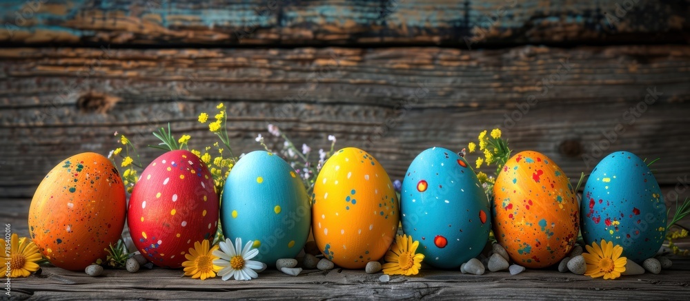 Poster display of twelve vibrant easter eggs arranged neatly in a row on a wooden table, creating a festive