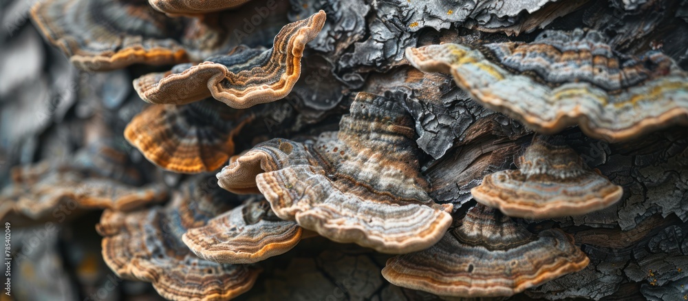 Poster a group of mushrooms clustered together on a tree trunk, forming a unique natural display of fungal 
