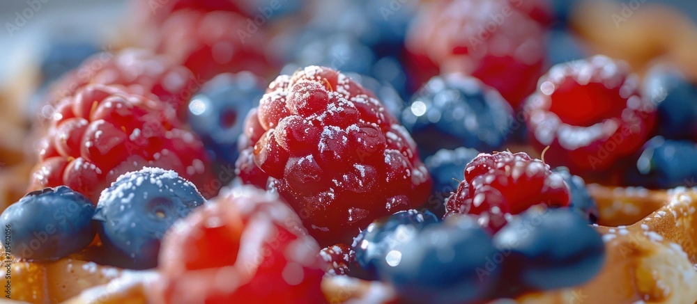 Poster close-up of a crispy waffle covered in fresh blueberries and raspberries, creating a colorful and ap