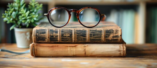 A pair of stylish glasses is neatly placed on top of a vintage book, creating a scholarly and intellectual ambiance. - obrazy, fototapety, plakaty
