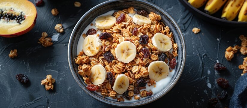 A bowl filled with granola topped with fresh bananas and raisins, ready to be enjoyed as a nutritious breakfast or snack.