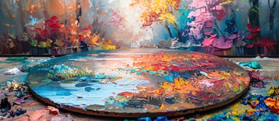 A vibrant painting is propped up and displayed on a wooden table, showcasing colorful strokes and intricate details.