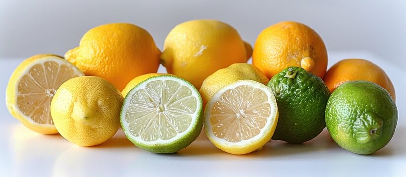A group of lemons, limes, and key limes arranged neatly on a white surface.
