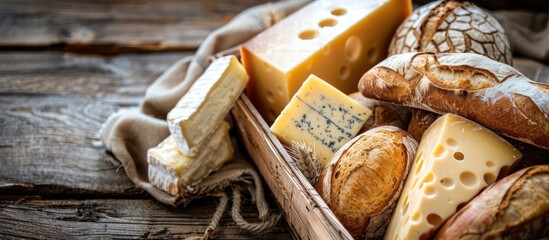 Fototapeta premium A wooden box filled with various types of cheese, showcasing a delicious assortment of flavors and textures.