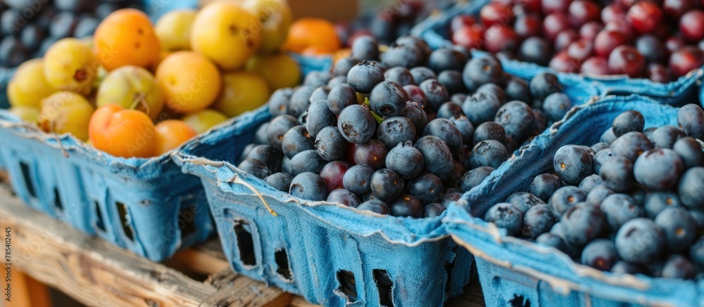 Poster numerous baskets brimming with various fruits, including three baskets filled with superfood blueber