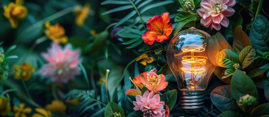 A light bulb stands among a variety of colorful flowers and green leaves. The vibrant blooms and foliage create a striking contrast against the glass bulb.